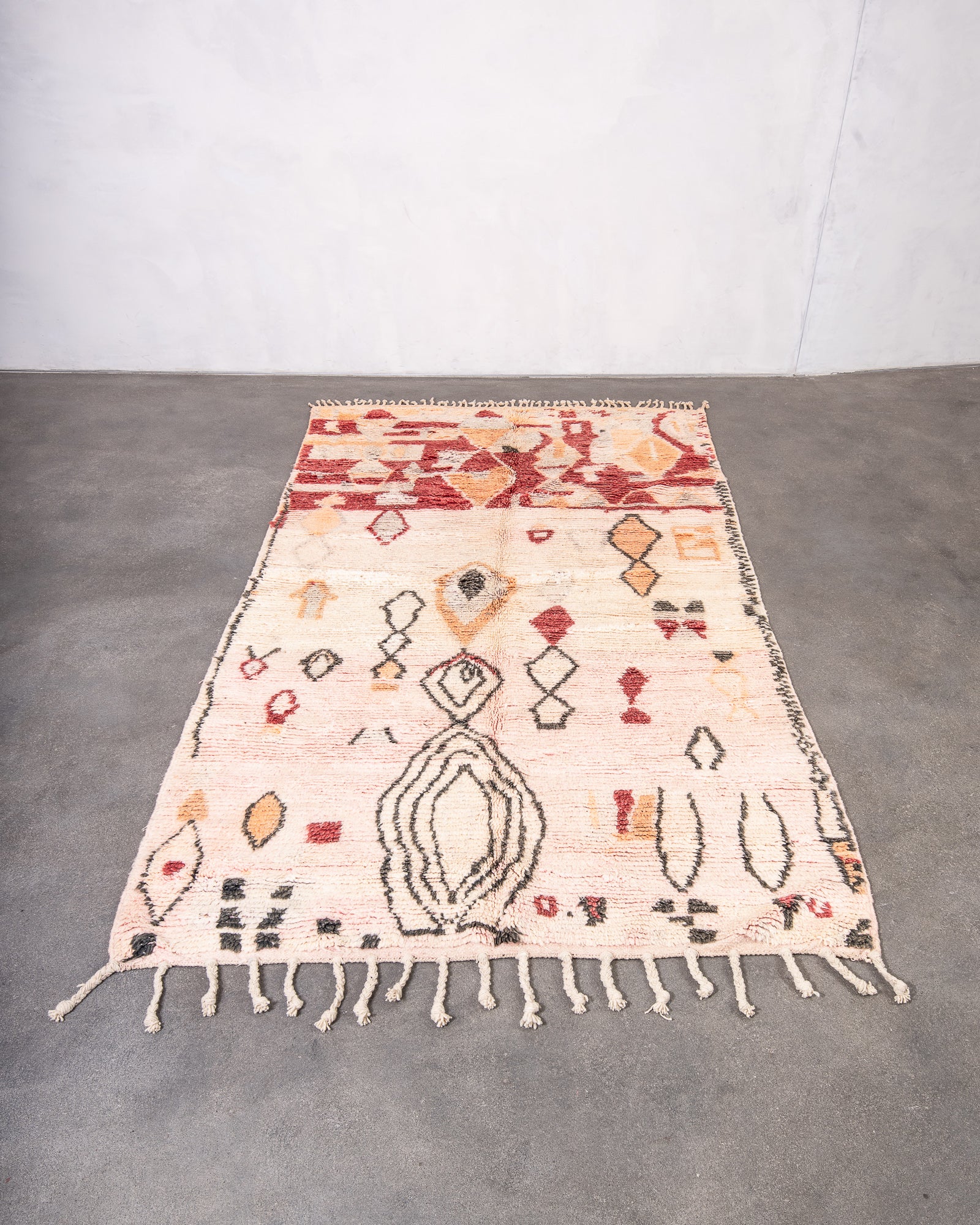 Modern, designer, handcrafted Berber rug from Morocco. Vintage carpet with beautiful colours and patterns and fluffy texture.